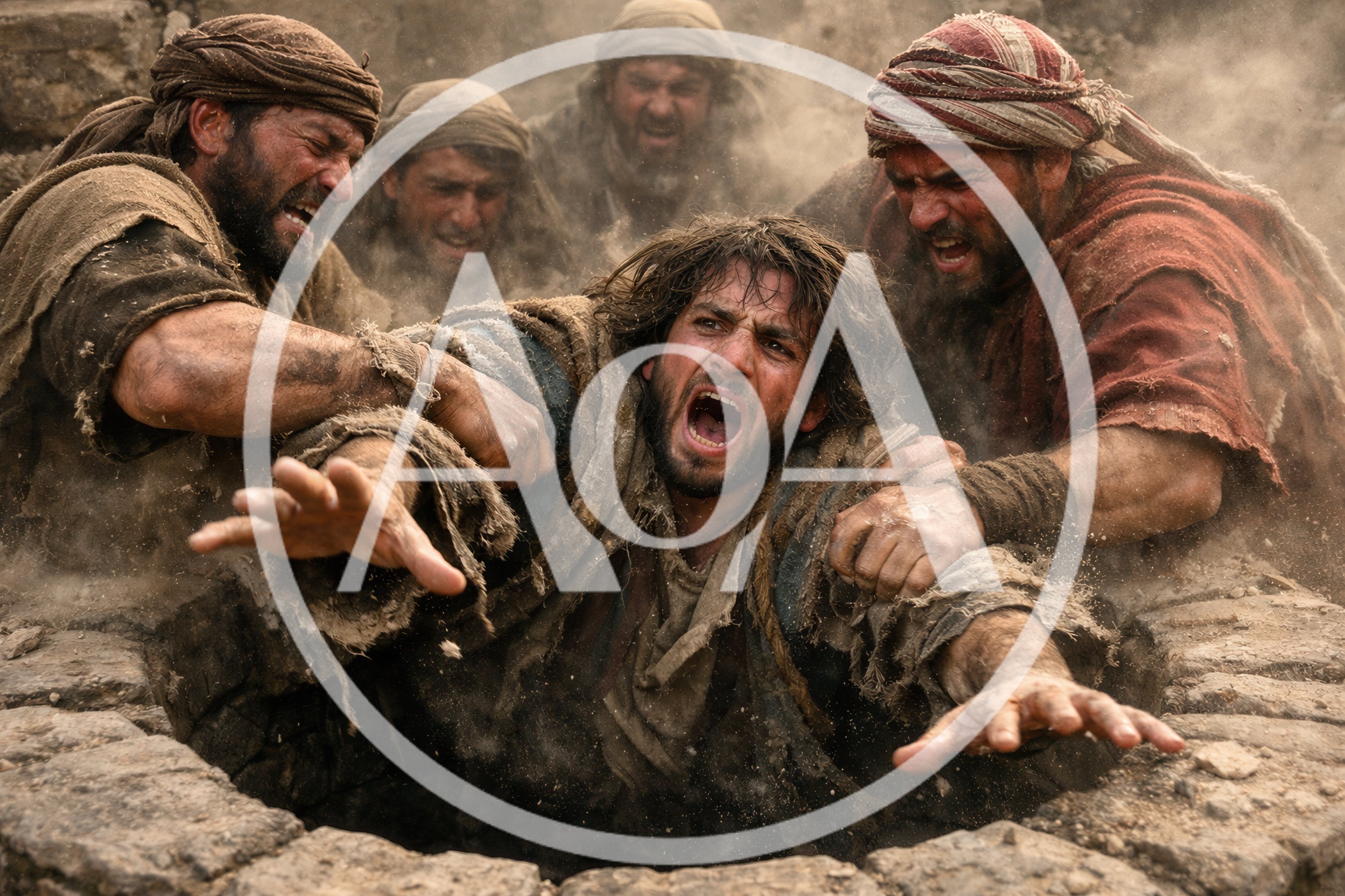 Group Of Men Pulling A Man From A Well