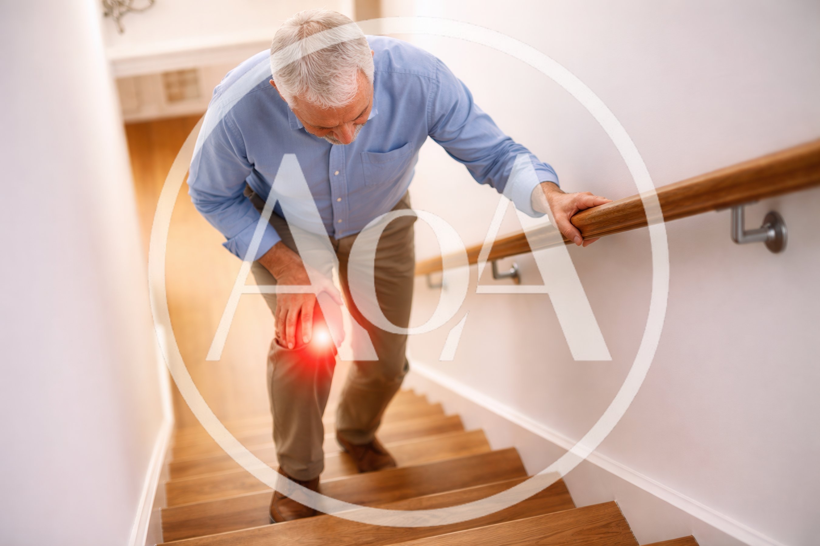 Senior Man Experiencing Knee Pain While Climbing Stairs