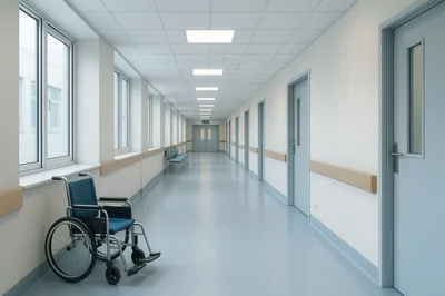 Empty Hospital Corridor With Wheelchair And Waiting Chairs