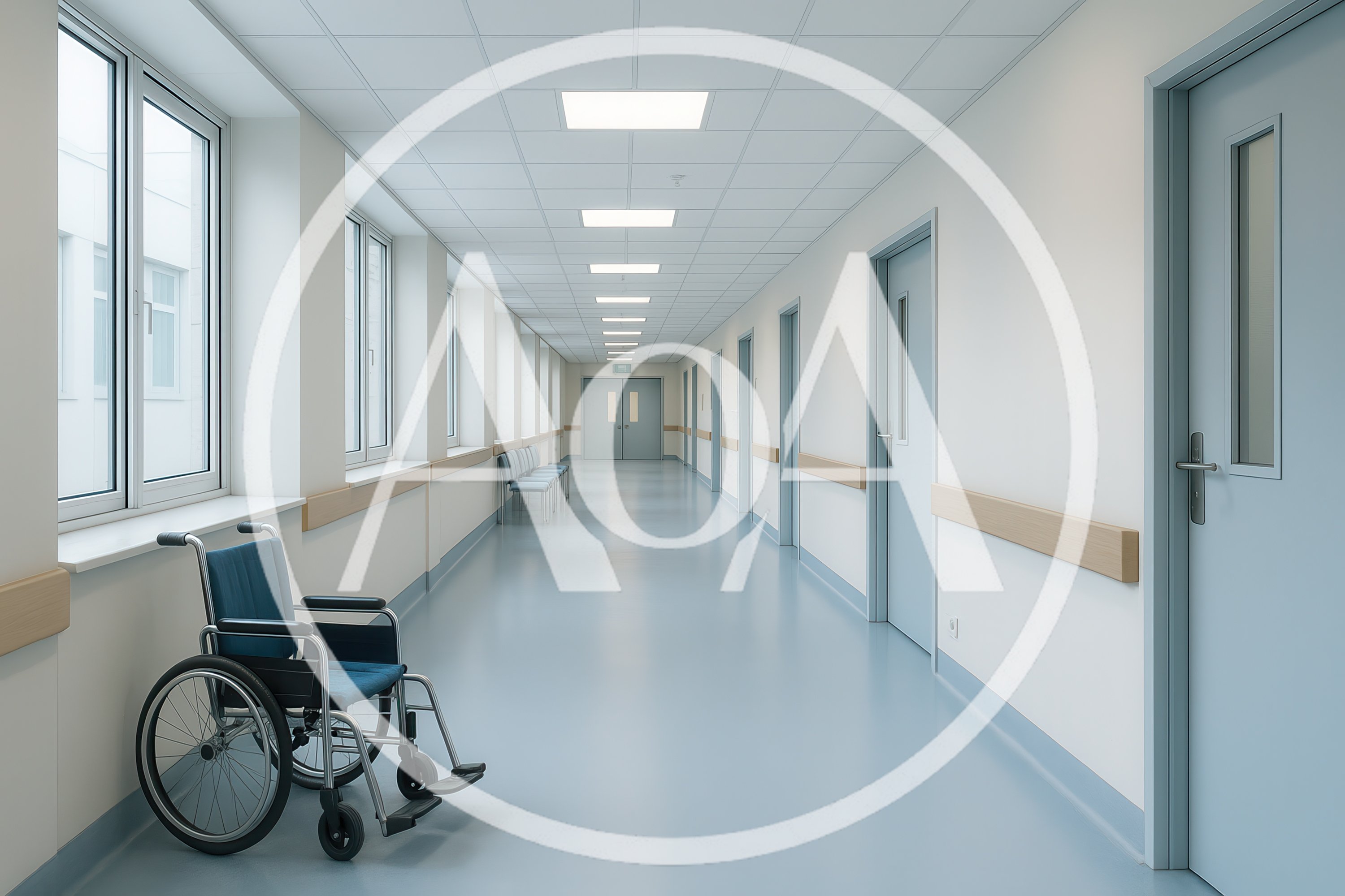 Empty Hospital Corridor With Wheelchair And Waiting Chairs
