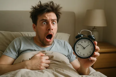 Shocked Man Waking Up Late With Alarm Clock