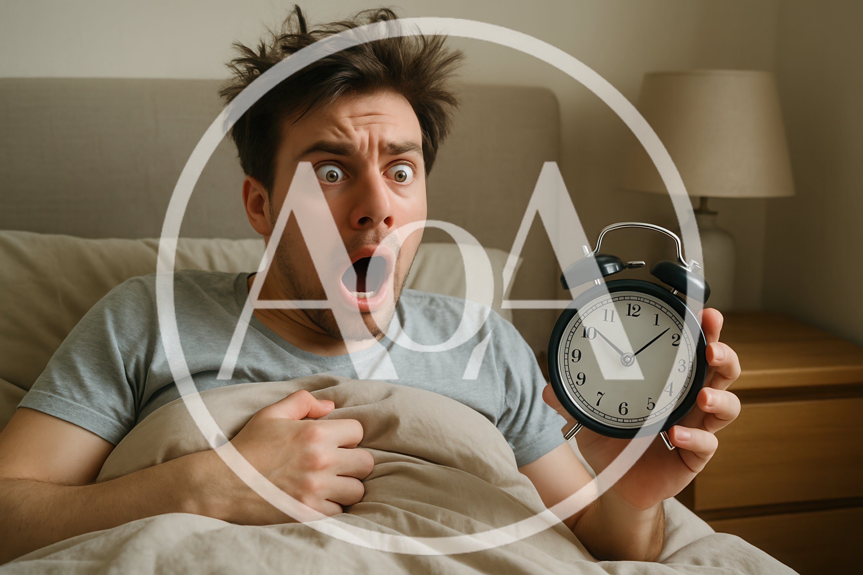 Shocked Man Waking Up Late With Alarm Clock