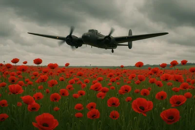 Vintage World War II Bomber Flying Over Poppy Field