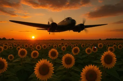 Vintage Bomber Aircraft Flying Over Sunflower Field At Sunset