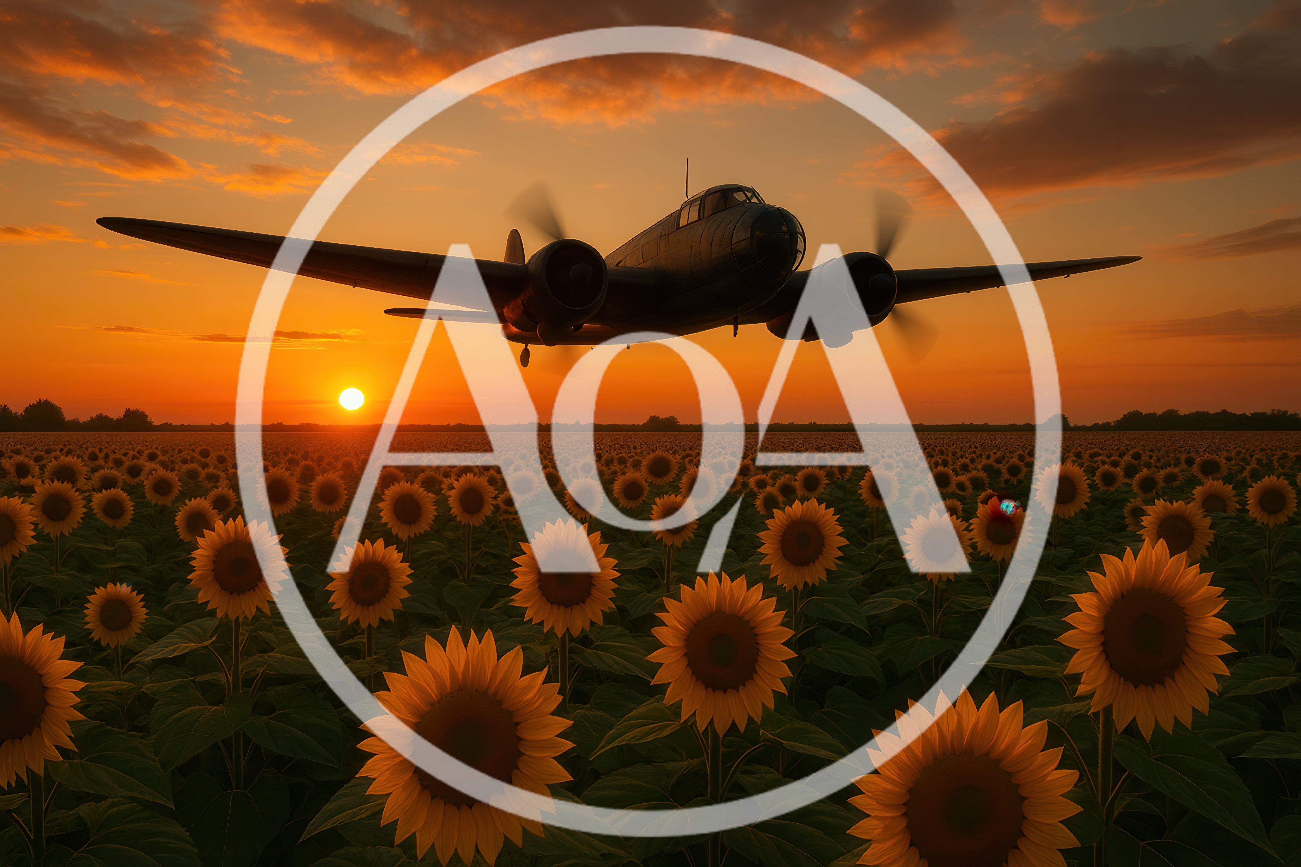 Vintage Bomber Aircraft Flying Over Sunflower Field At Sunset