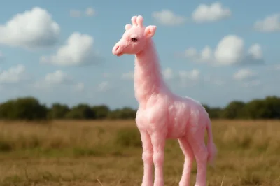 Pink Fluffy Giraffe Toy Standing In A Field
