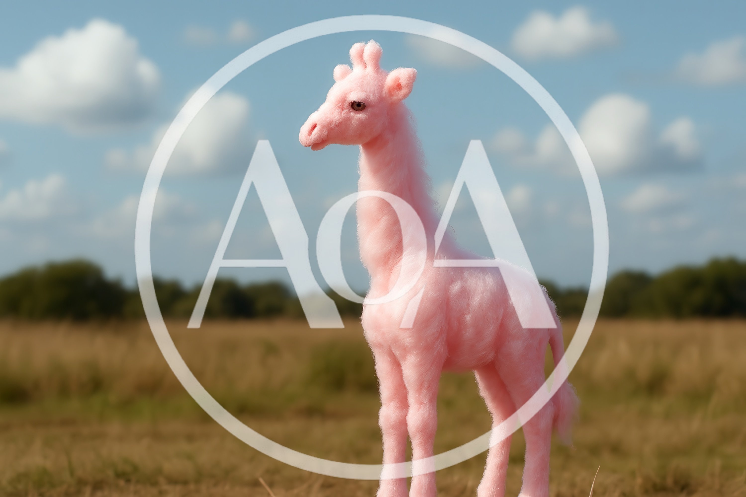 Pink Fluffy Giraffe Toy Standing In A Field