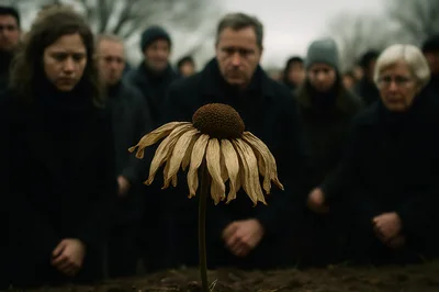 Mourners Standing Around A Withered Flower At A Funeral