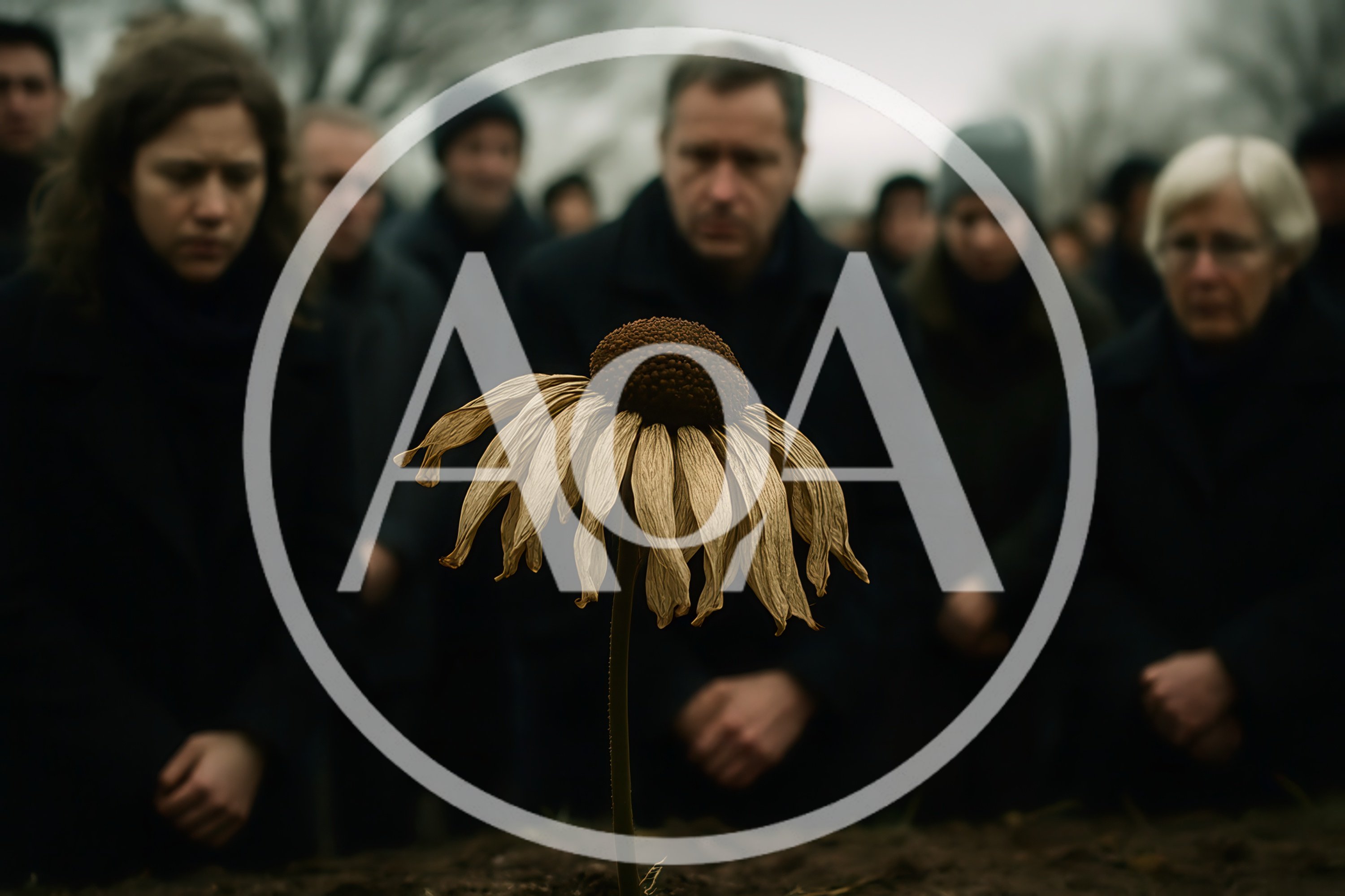 Mourners Standing Around A Withered Flower At A Funeral