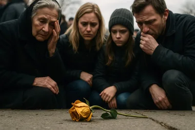Grieving Family Mourning Beside A Single Yellow Rose