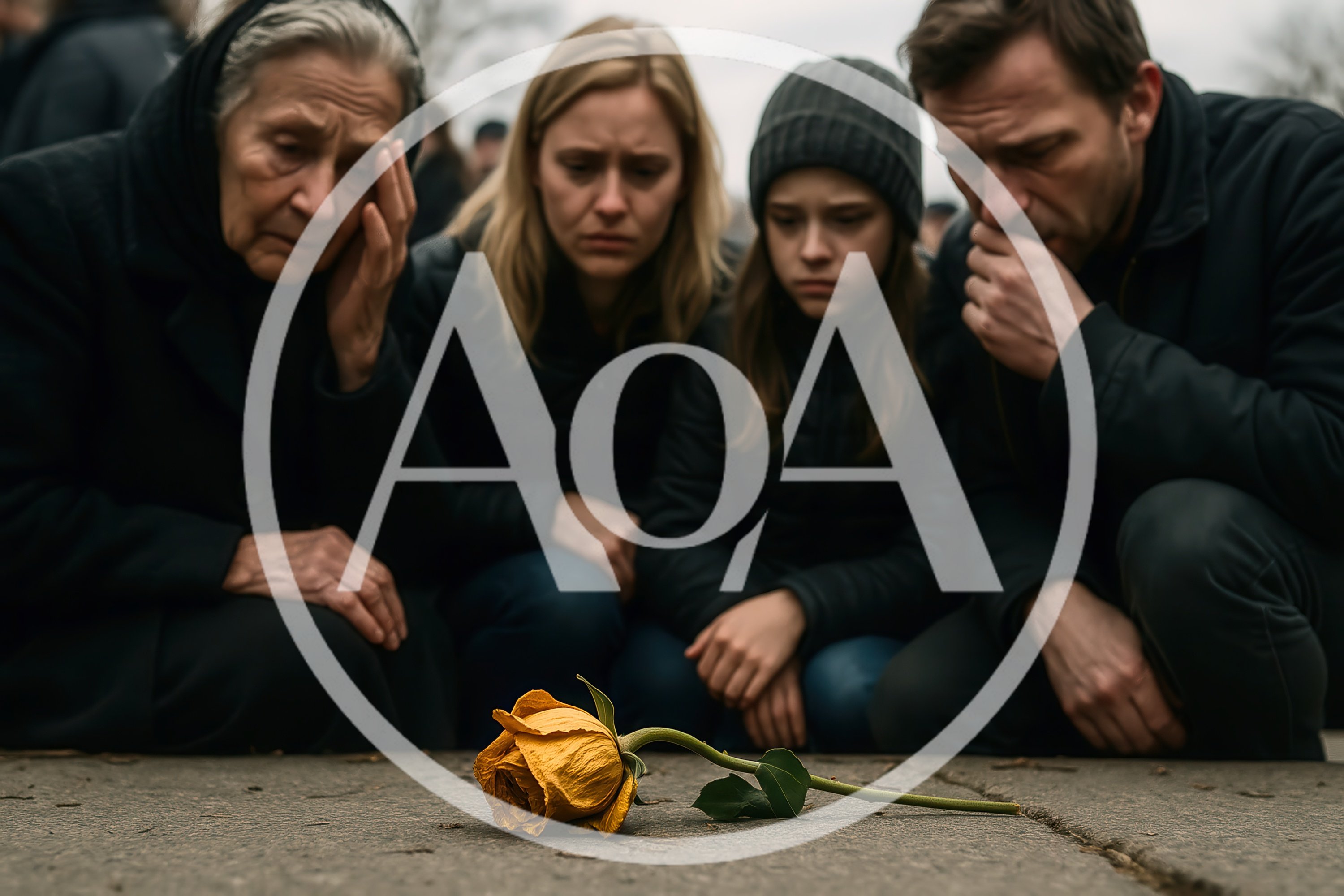 Grieving Family Mourning Beside A Single Yellow Rose