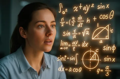 Young Woman Analyzing Glowing Mathematical Formulas
