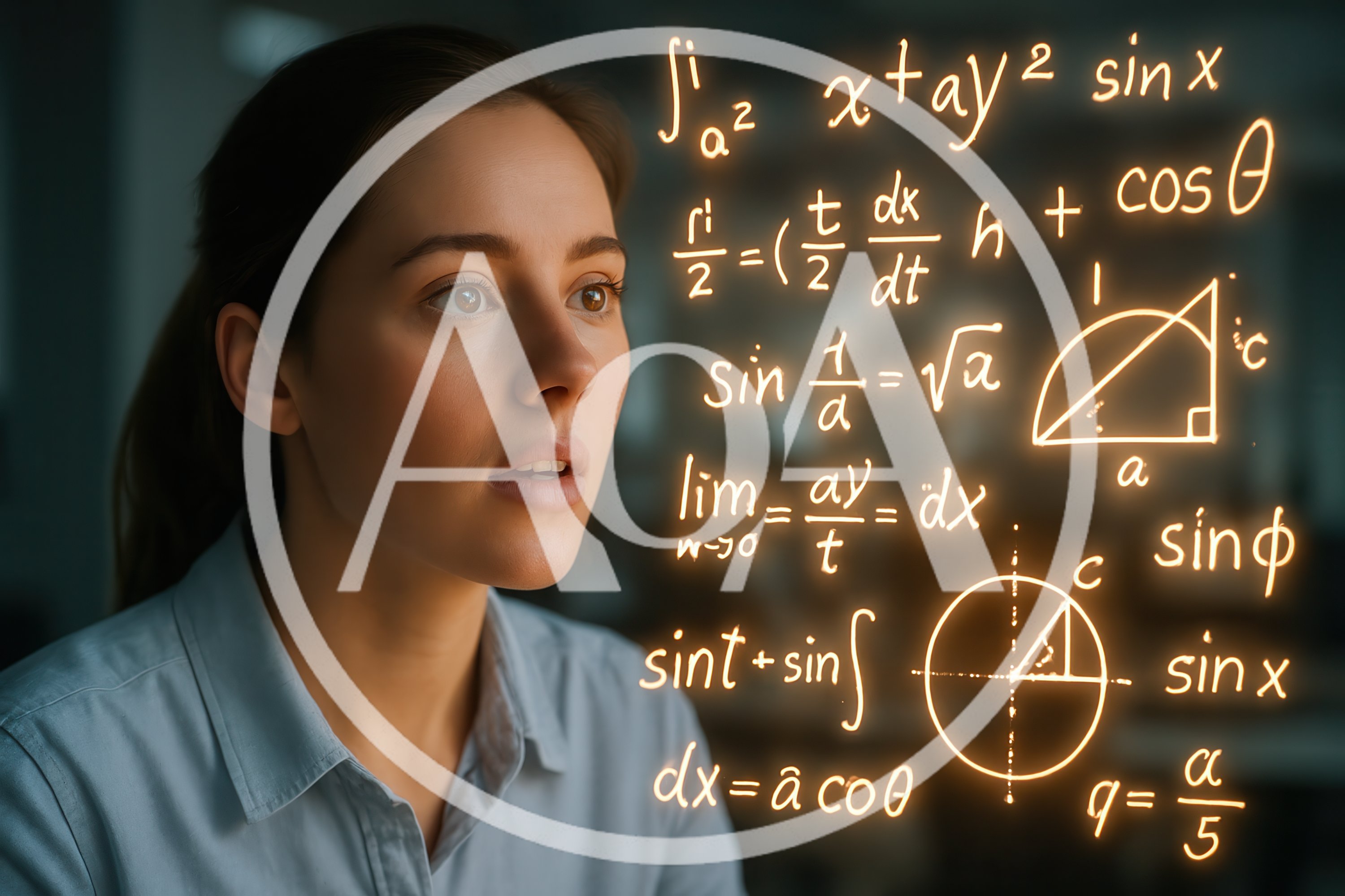 Young Woman Analyzing Glowing Mathematical Formulas
