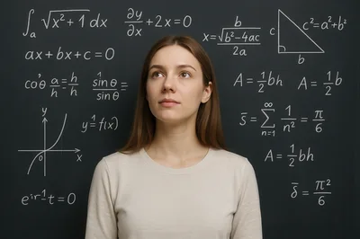 Young Woman Thinking In Front Of Mathematical Formulas