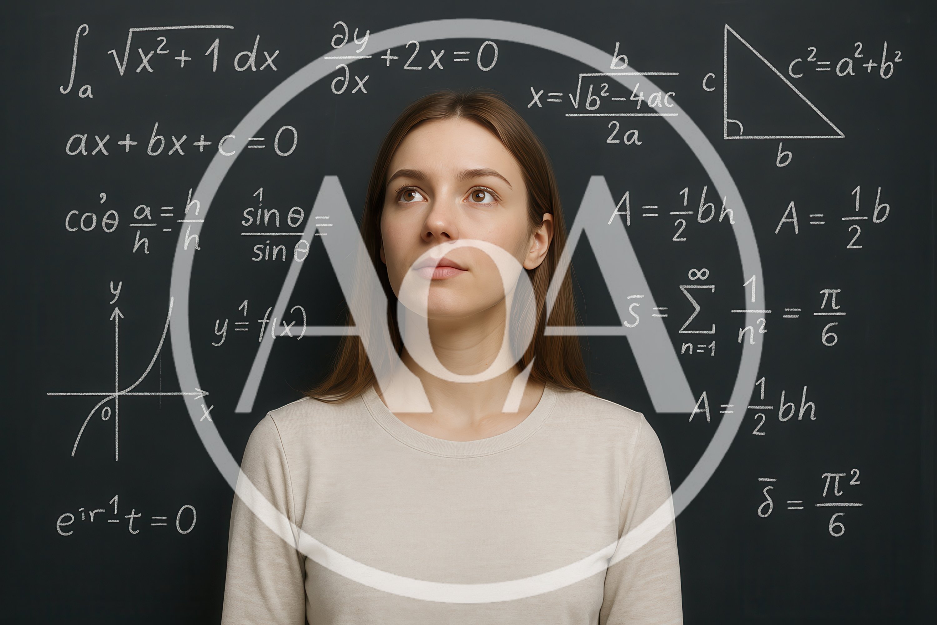 Young Woman Thinking In Front Of Mathematical Formulas