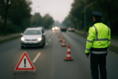 Police Officer Directing Traffic at Road Construction Site
