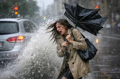 Woman Getting Splashed By A Car In Heavy Rain