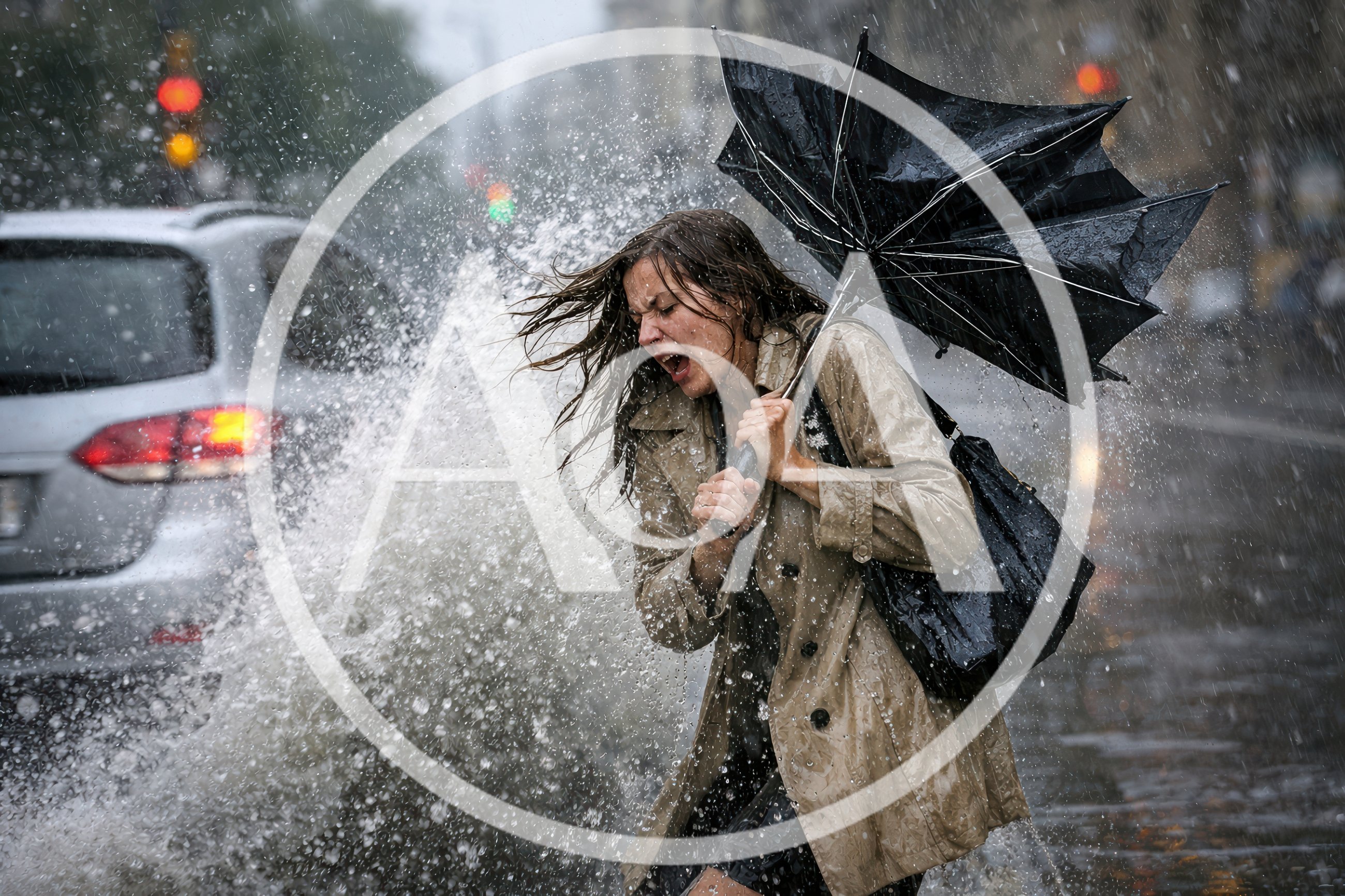 Woman Getting Splashed By A Car In Heavy Rain