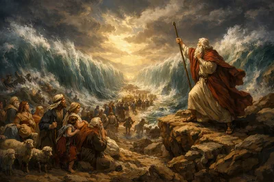 Moses Parting The Red Sea Biblical Scene