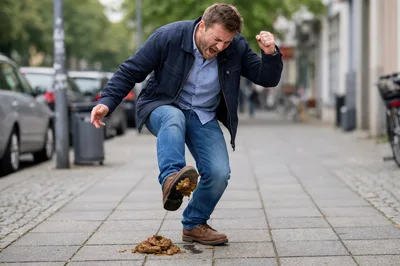 Man Reacting With Frustration After Stepping In Dog Feces