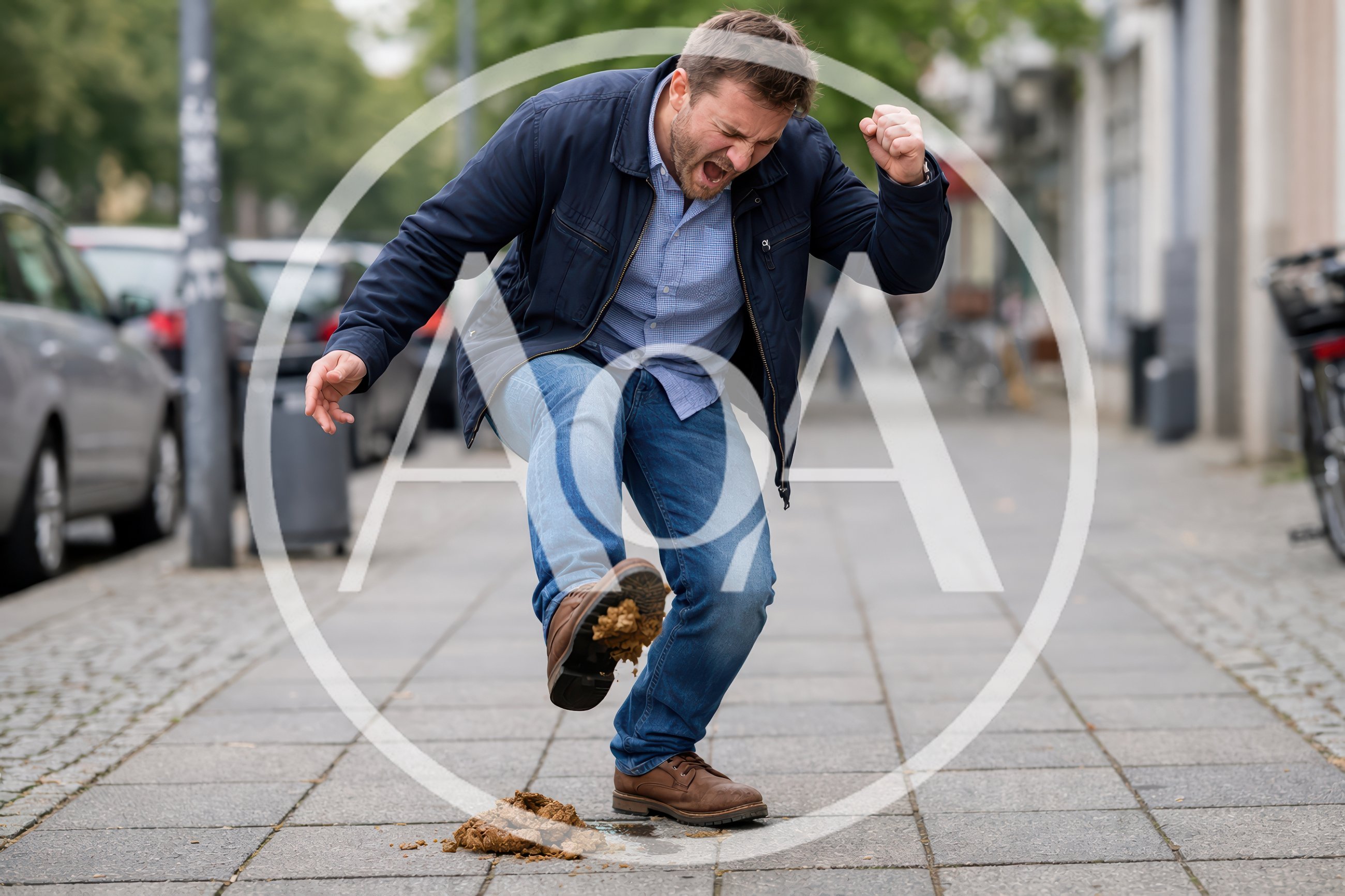 Man Reacting With Frustration After Stepping In Dog Feces