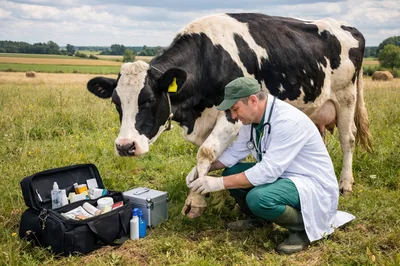 Veterinarian Examining Cow Leg In A Pasture