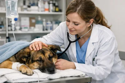 Veterinarian Examining A Sick Dog In A Clinic