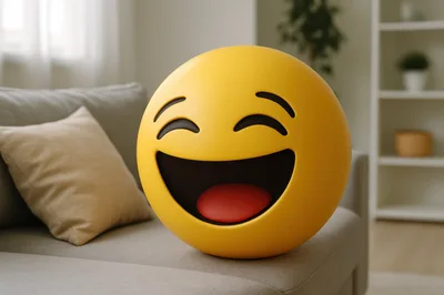 3D Rendered Laughing Emoji Sitting On A Sofa