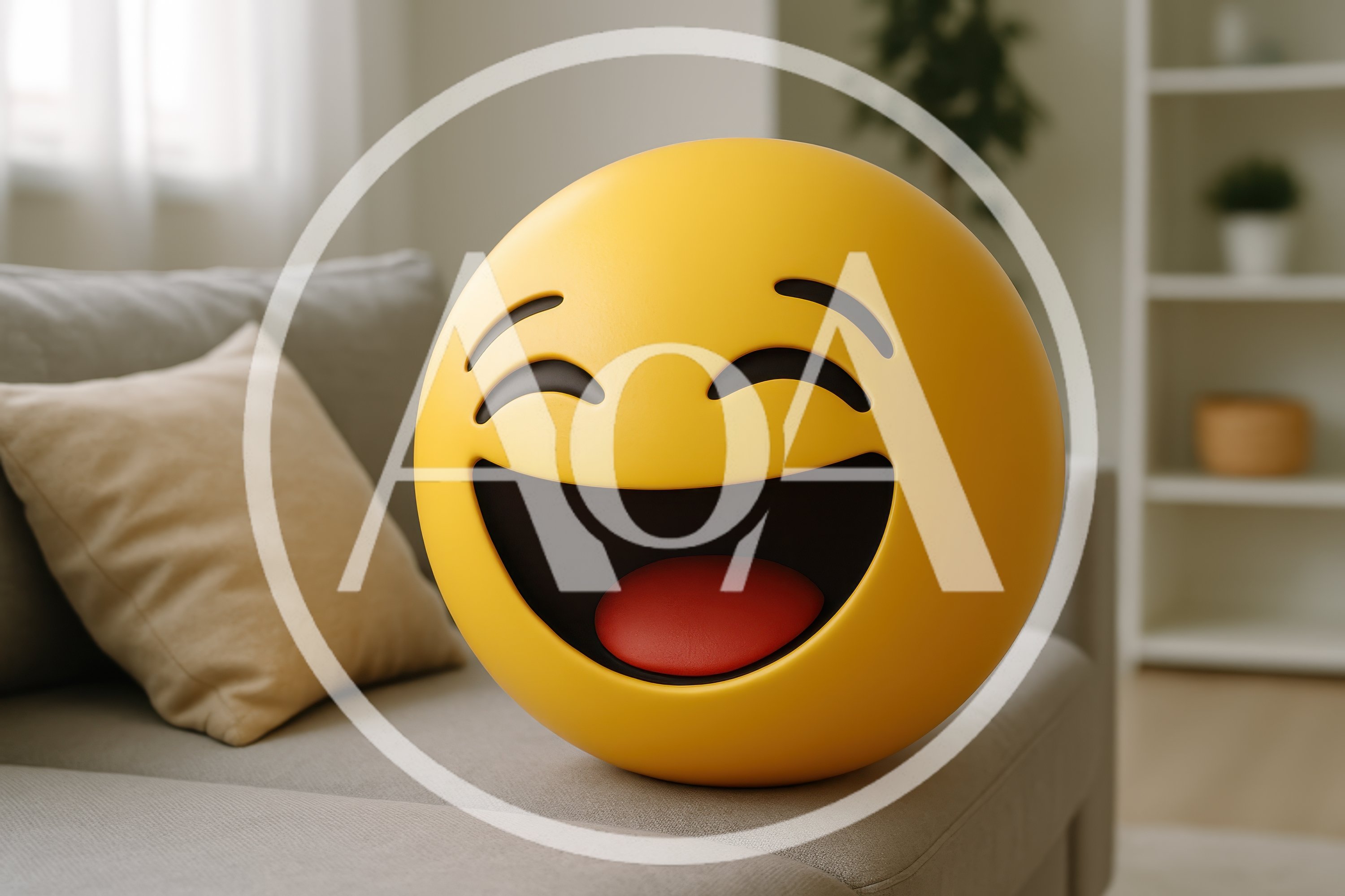 3D Rendered Laughing Emoji Sitting On A Sofa