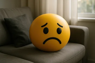 Sad Yellow Emoji Sphere On A Living Room Sofa