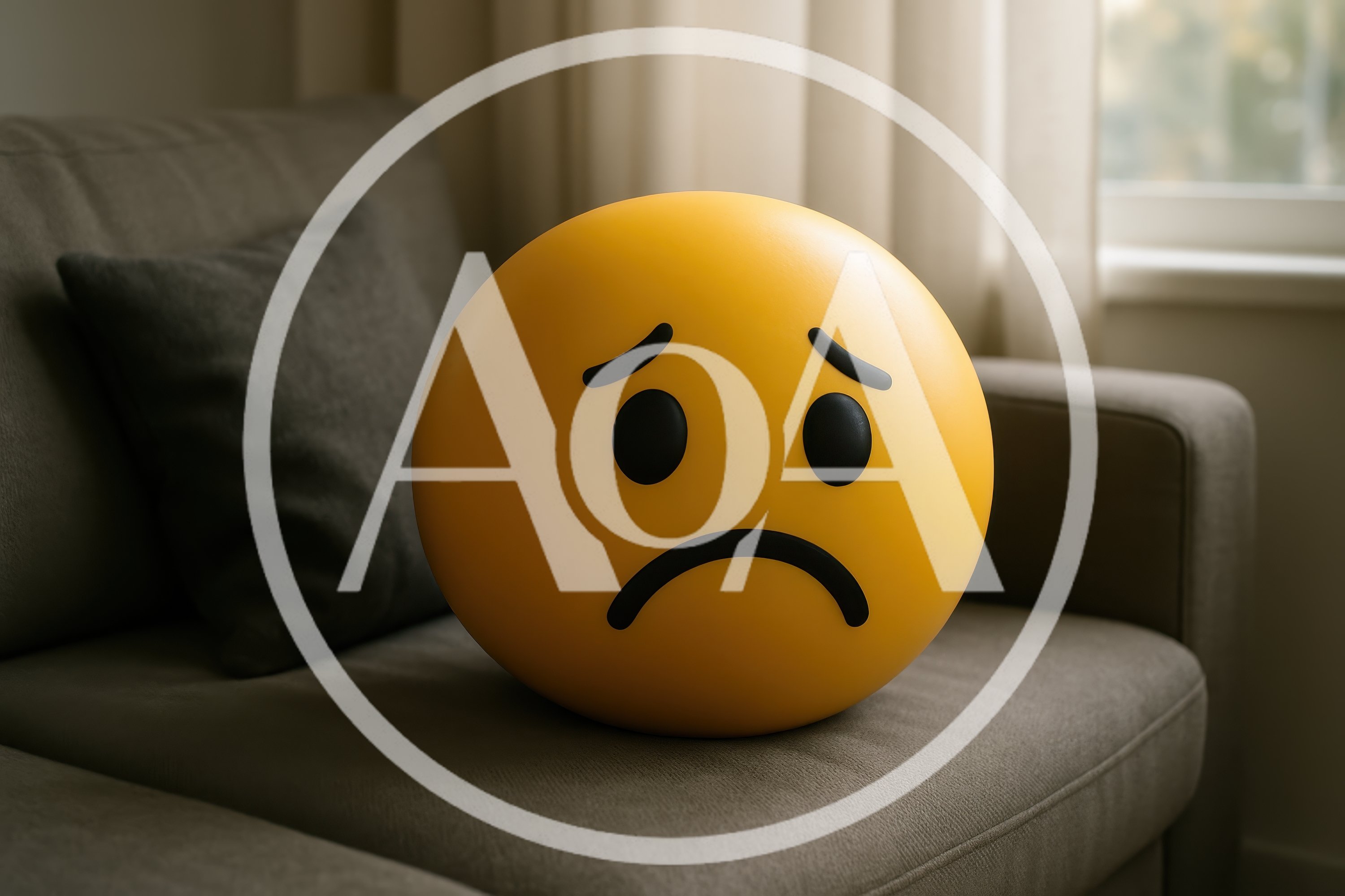 Sad Yellow Emoji Sphere On A Living Room Sofa