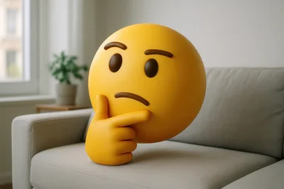 Thinking Emoji Character Sitting On A Sofa