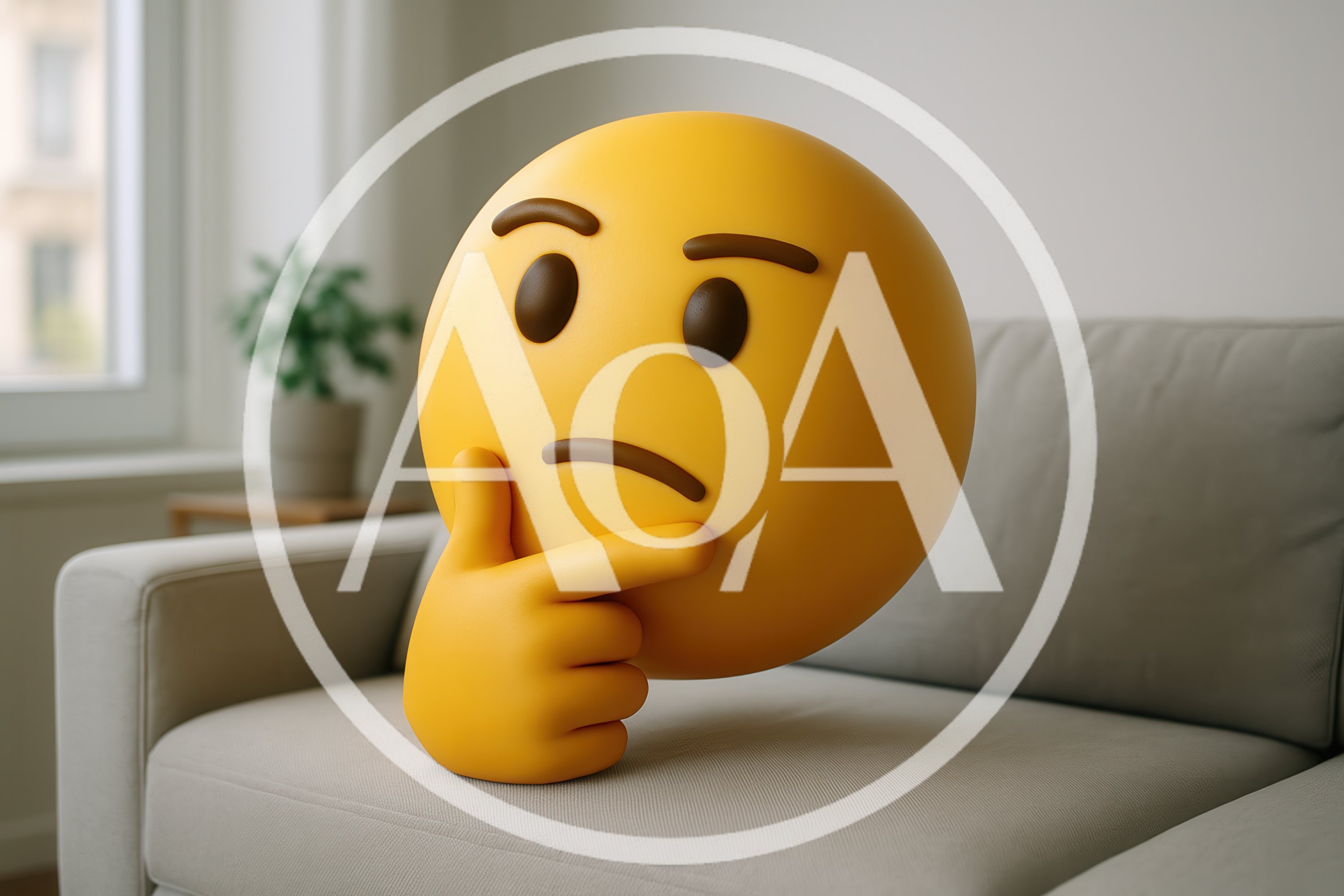 Thinking Emoji Character Sitting On A Sofa