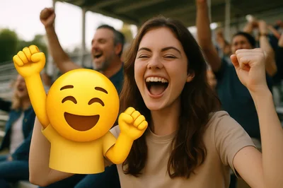 Excited Woman Cheering With A 3D Emoji Character