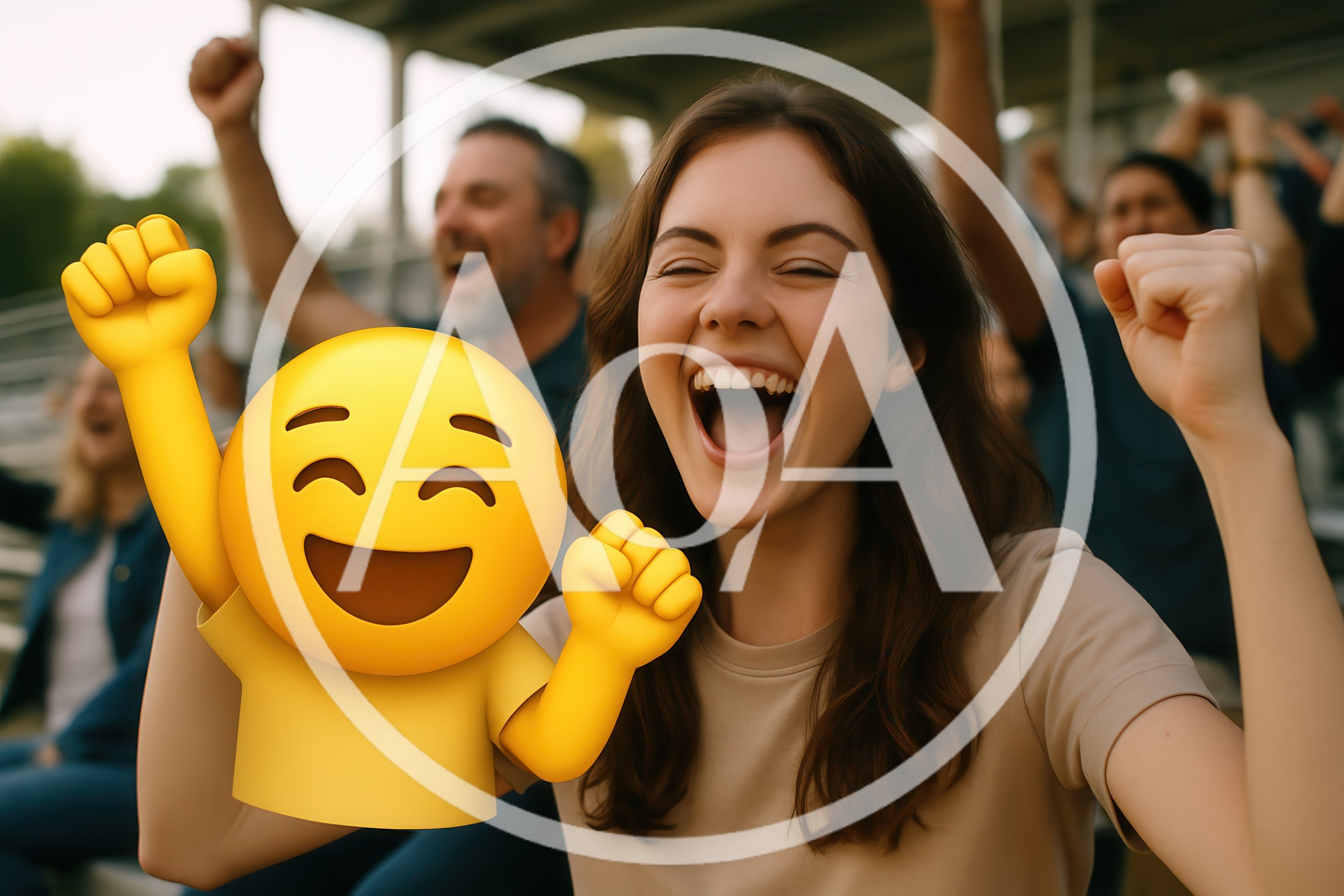 Excited Woman Cheering With A 3D Emoji Character