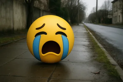 Crying Emoji Floating On A Gloomy City Sidewalk