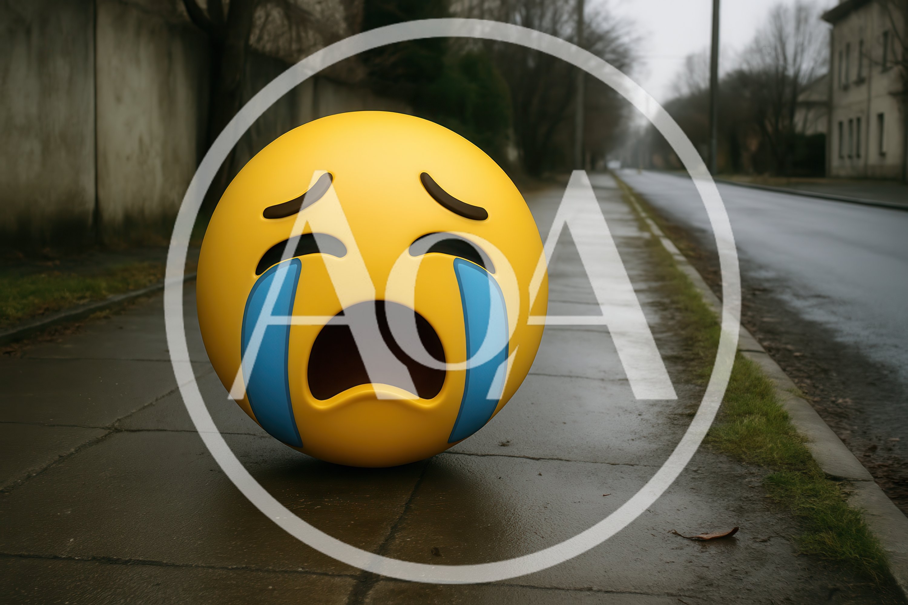 Crying Emoji Floating On A Gloomy City Sidewalk
