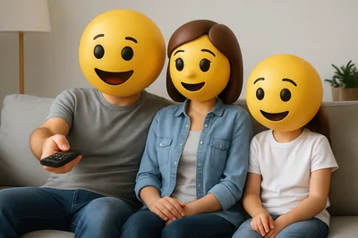 Family With Emoji Heads Watching Television On Sofa