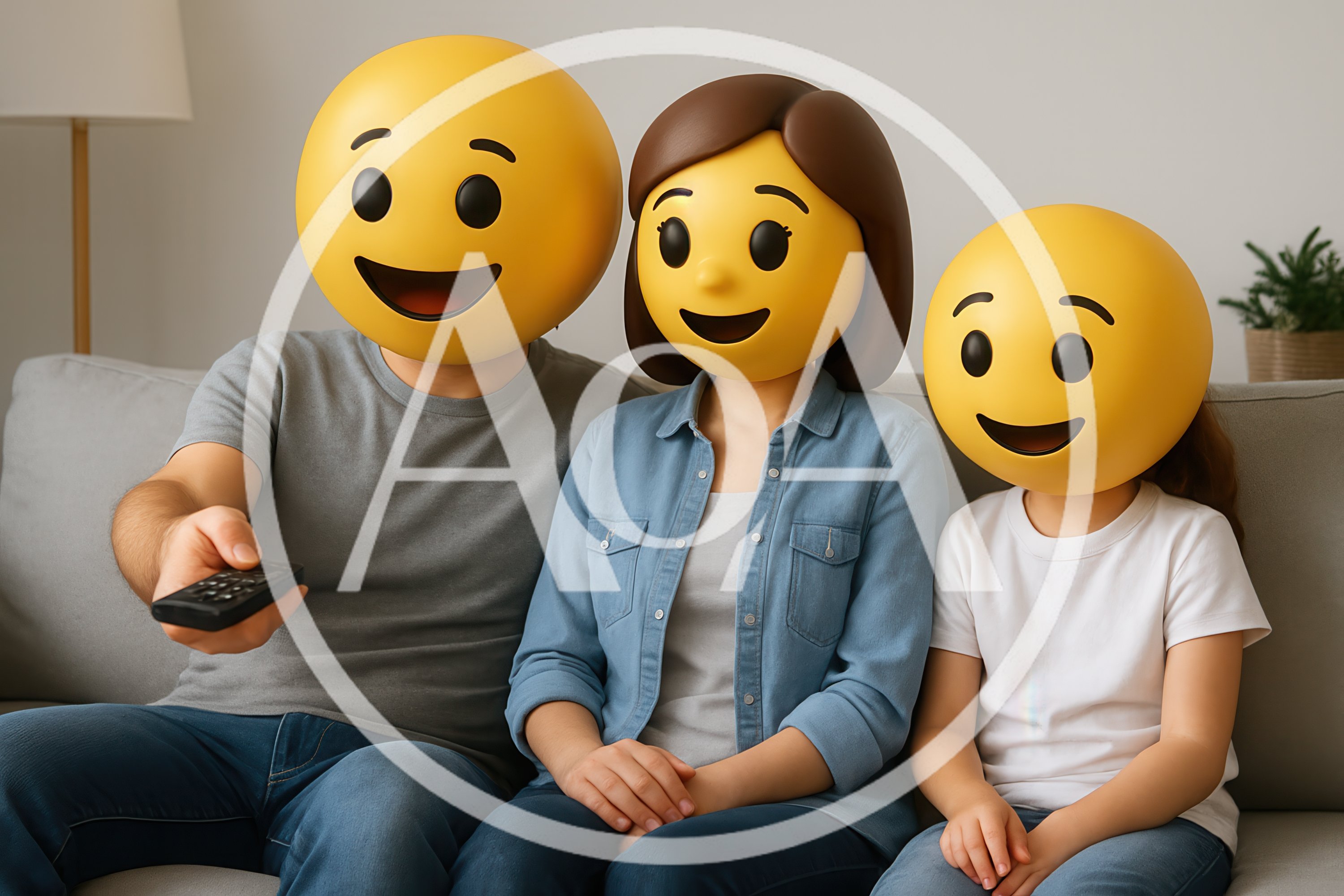 Family With Emoji Heads Watching Television On Sofa