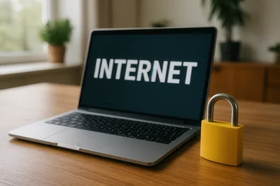 Laptop With Internet Text And Yellow Padlock On Desk