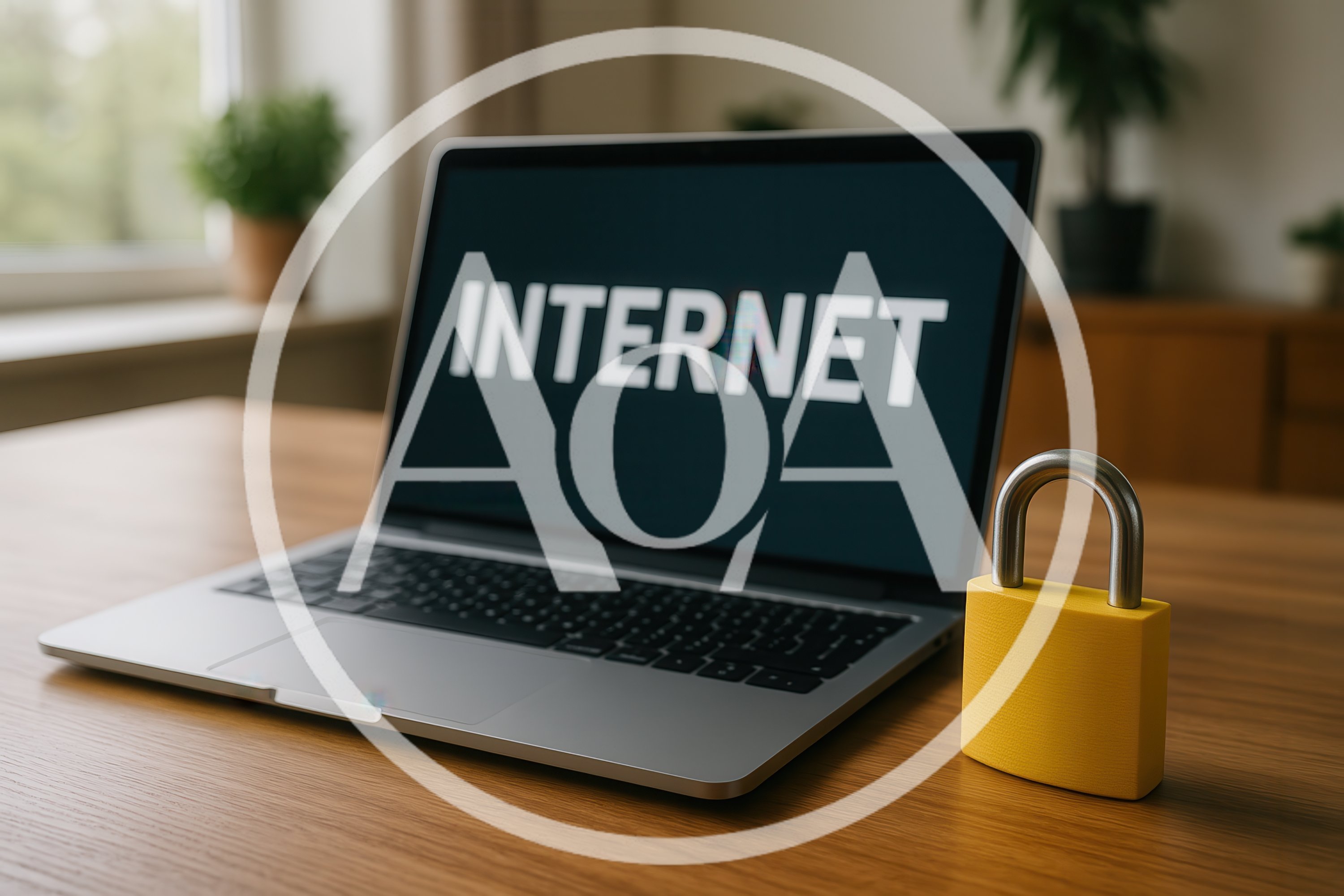 Laptop With Internet Text And Yellow Padlock On Desk