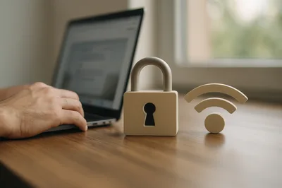 Person Working On Laptop With Security And Wifi Icons