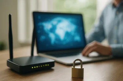 Wireless Router And Padlock On Desk With Laptop User