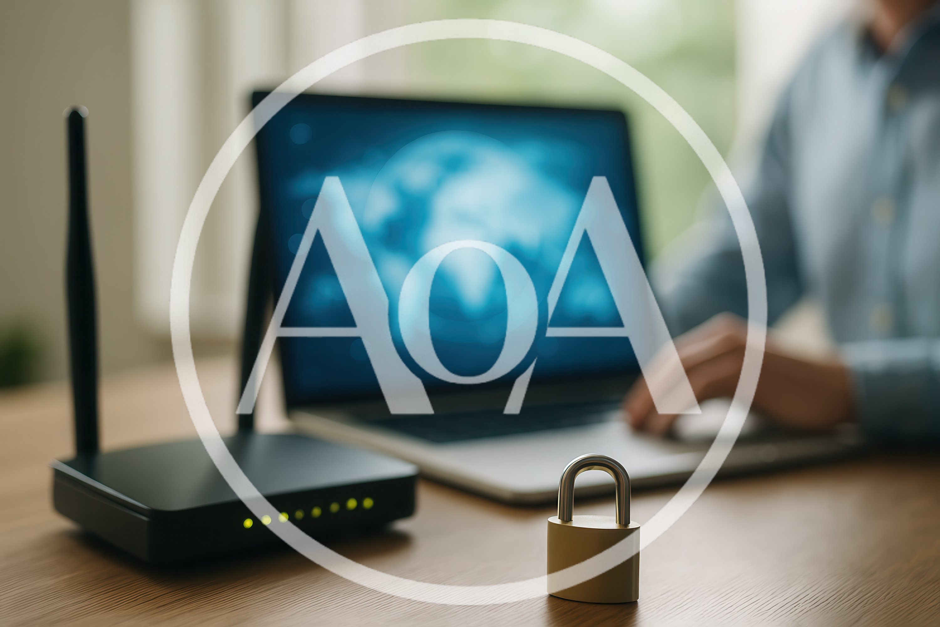 Wireless Router And Padlock On Desk With Laptop User