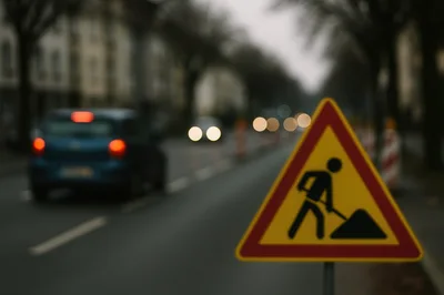 Road Construction Warning Sign On A City Street