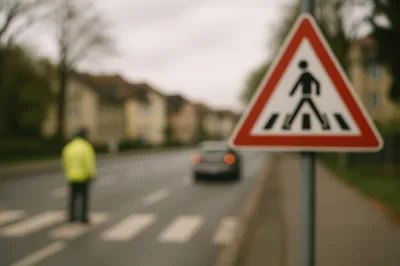 Crossing Guard Standing Near Pedestrian Warning Sign