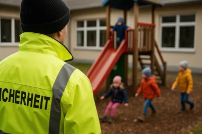 Security Guard Watching Children Playing at Kindergarten