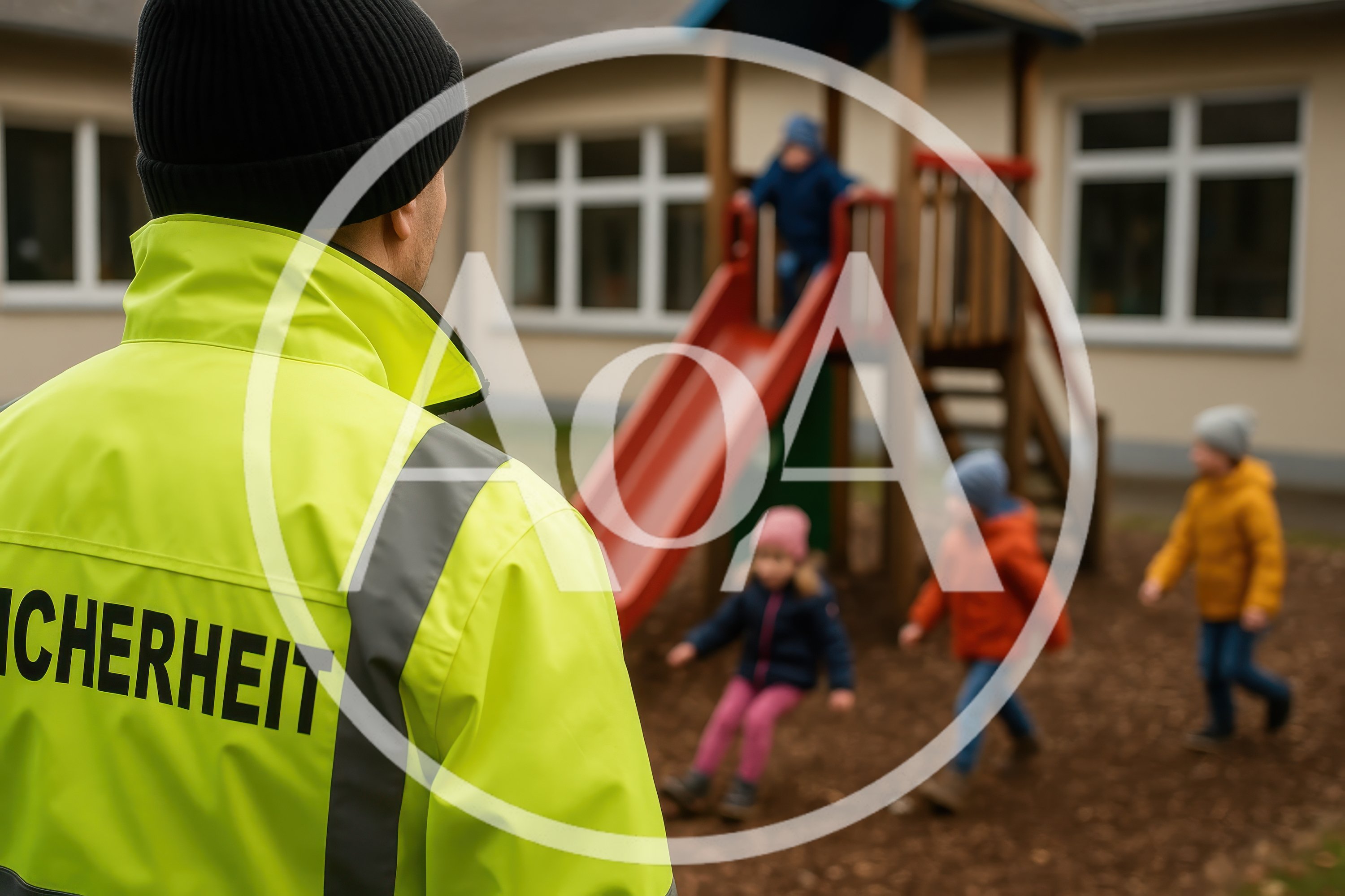 Security Guard Watching Children Playing at Kindergarten