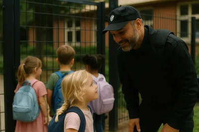 School Security Guard Greeting Young Student at Gate