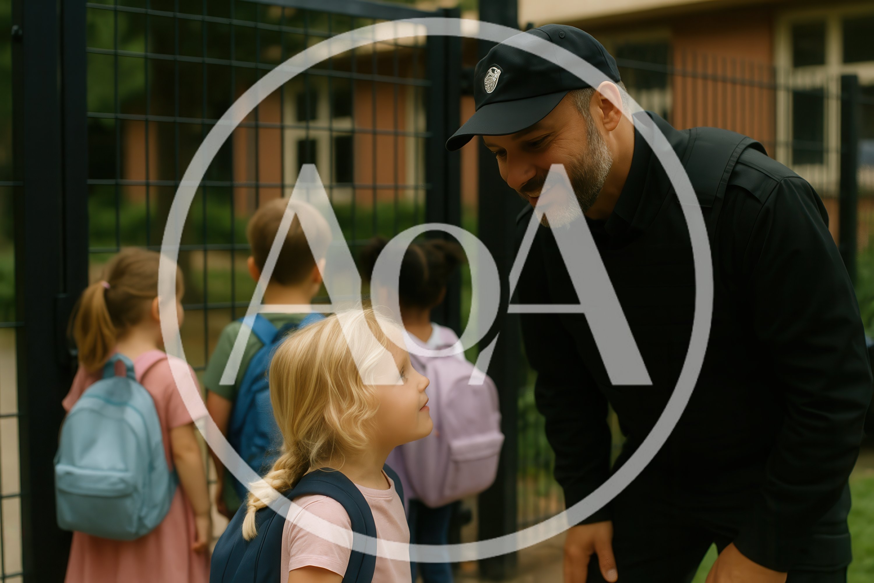 School Security Guard Greeting Young Student at Gate